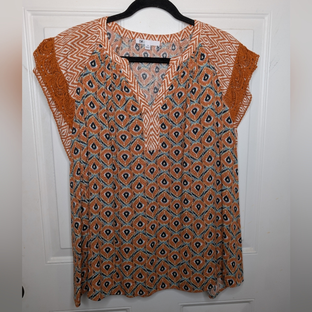 DR2 Orange and Blue Graphic Cap Sleeve Blouse